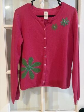 Garnet Hill Cardigan Wool Women’s M Green Pink Floral Sequin Preppy Colorful